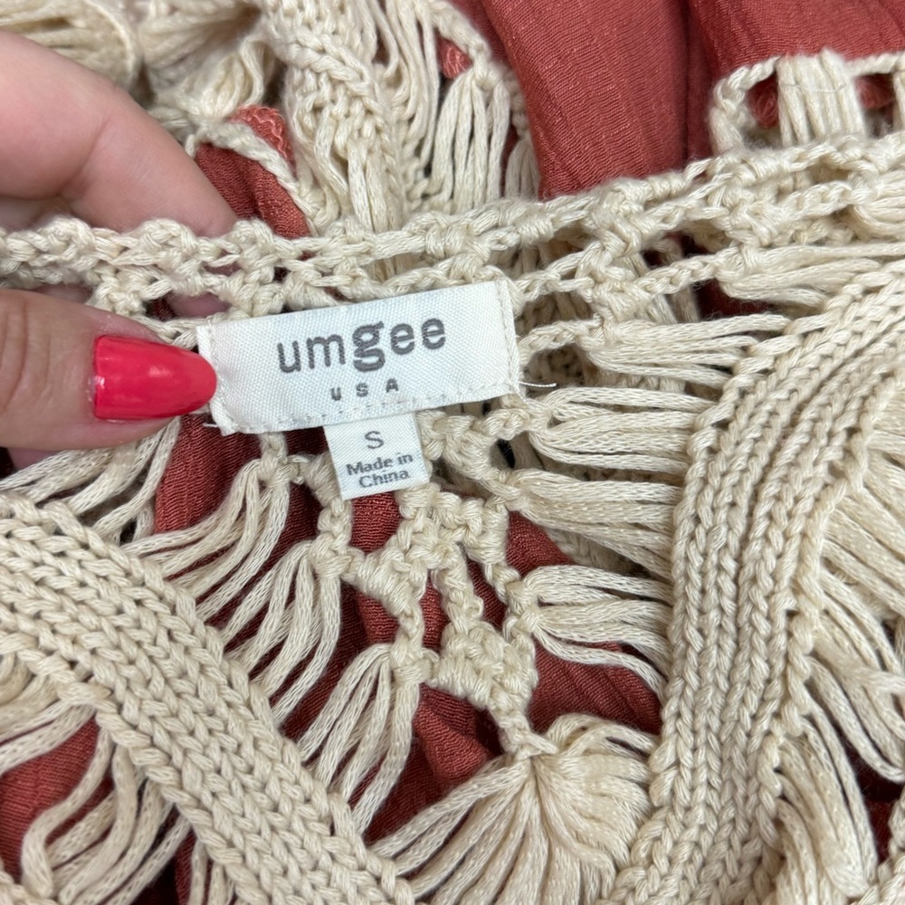 Umgee Rust & Cream Crochet Boho Flowy Tunic Top, Swim Coverup, Size Small - Picture 3 of 9
